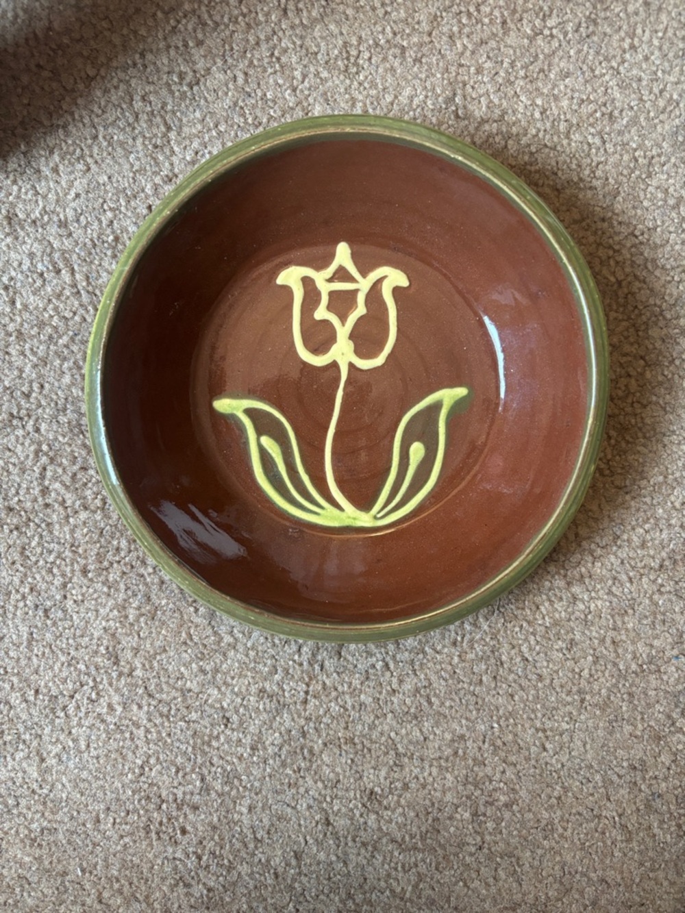 Handmade Brown Ceramic Bowl with Yellow Tulip Motif